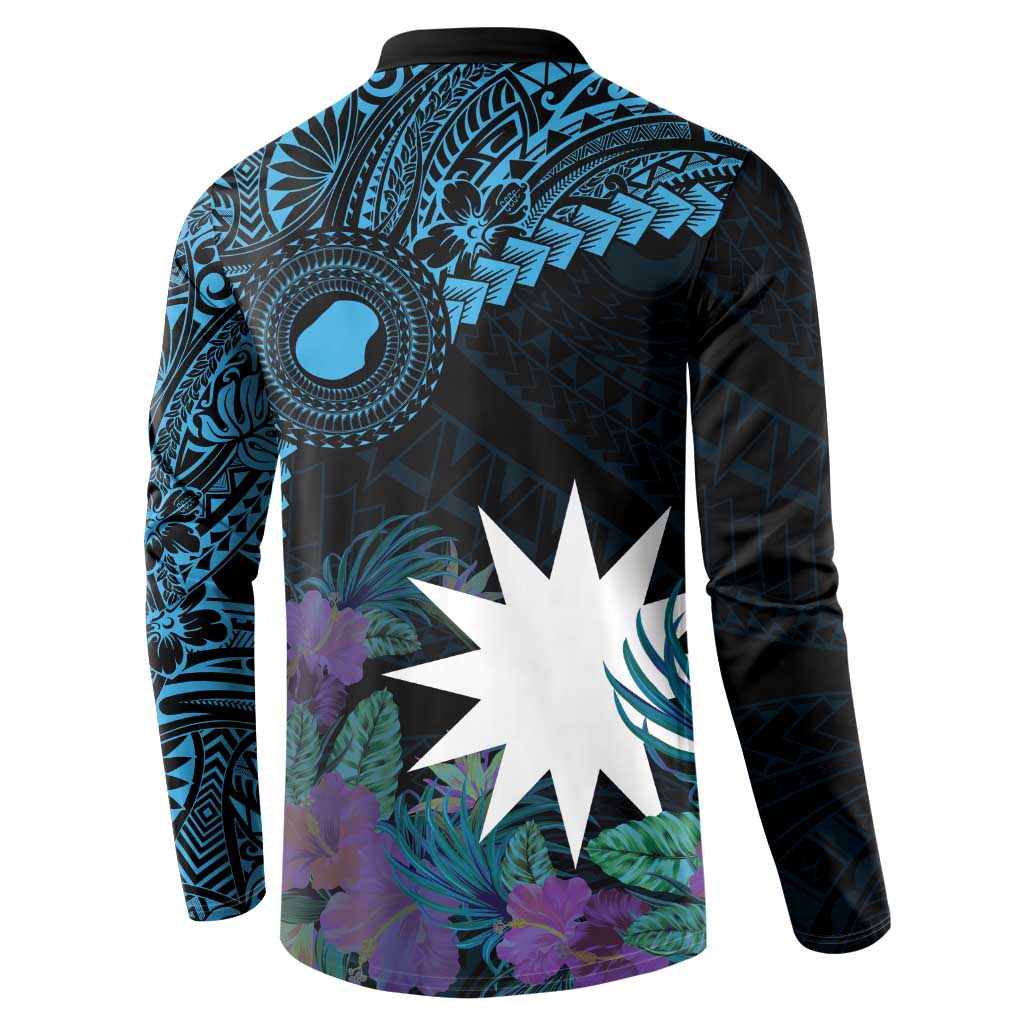 Blue Nauru Button Sweatshirt Naoero Map With Polynesian Tropical Flowers LT14 - Polynesian Pride
