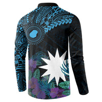Blue Nauru Button Sweatshirt Naoero Map With Polynesian Tropical Flowers LT14 - Polynesian Pride