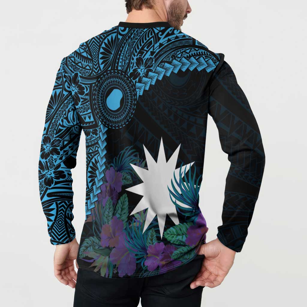 Blue Nauru Button Sweatshirt Naoero Map With Polynesian Tropical Flowers LT14 - Polynesian Pride