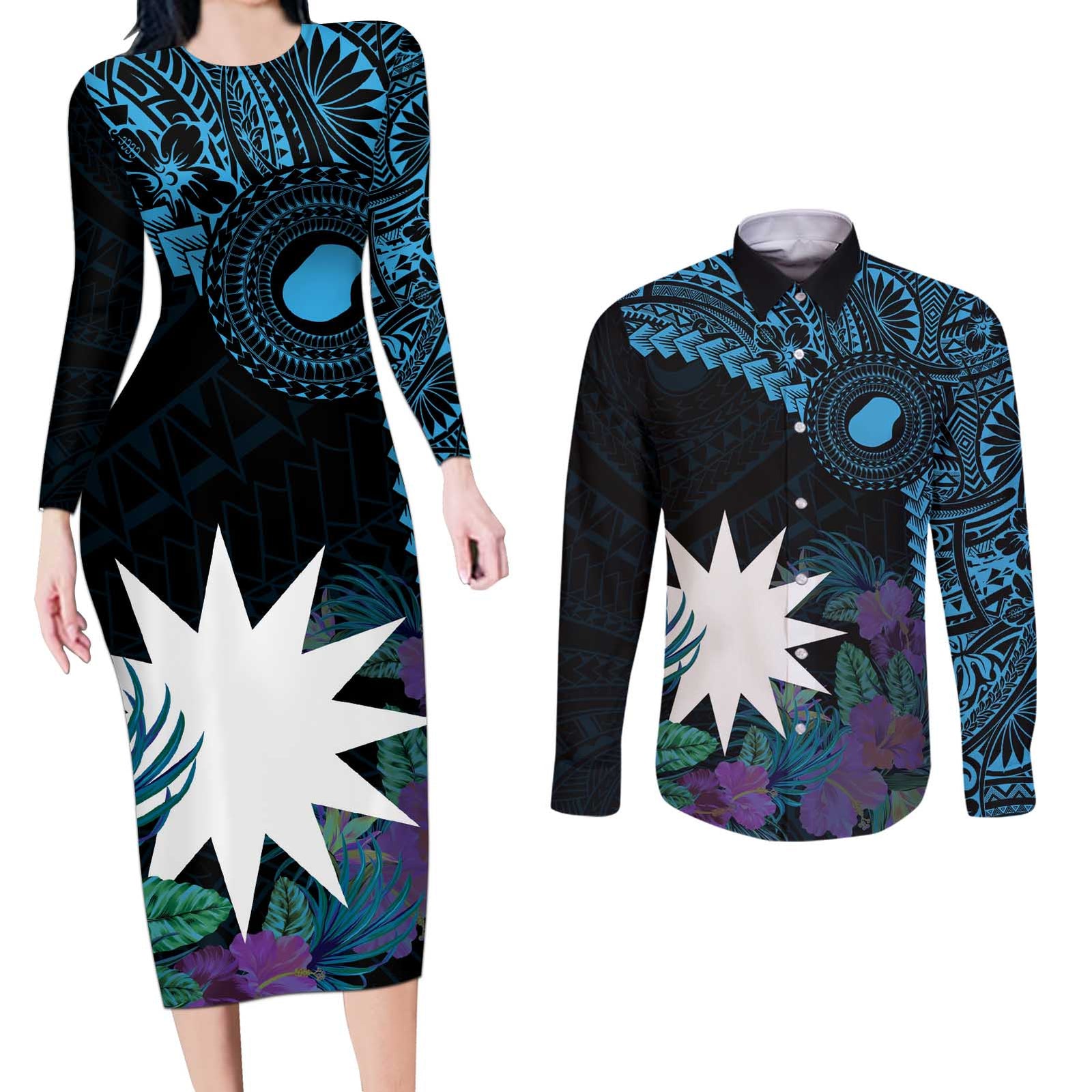 Blue Nauru Couples Matching Long Sleeve Bodycon Dress and Long Sleeve Button Shirt Naoero Map With Polynesian Tropical Flowers LT14 Blue - Polynesian Pride