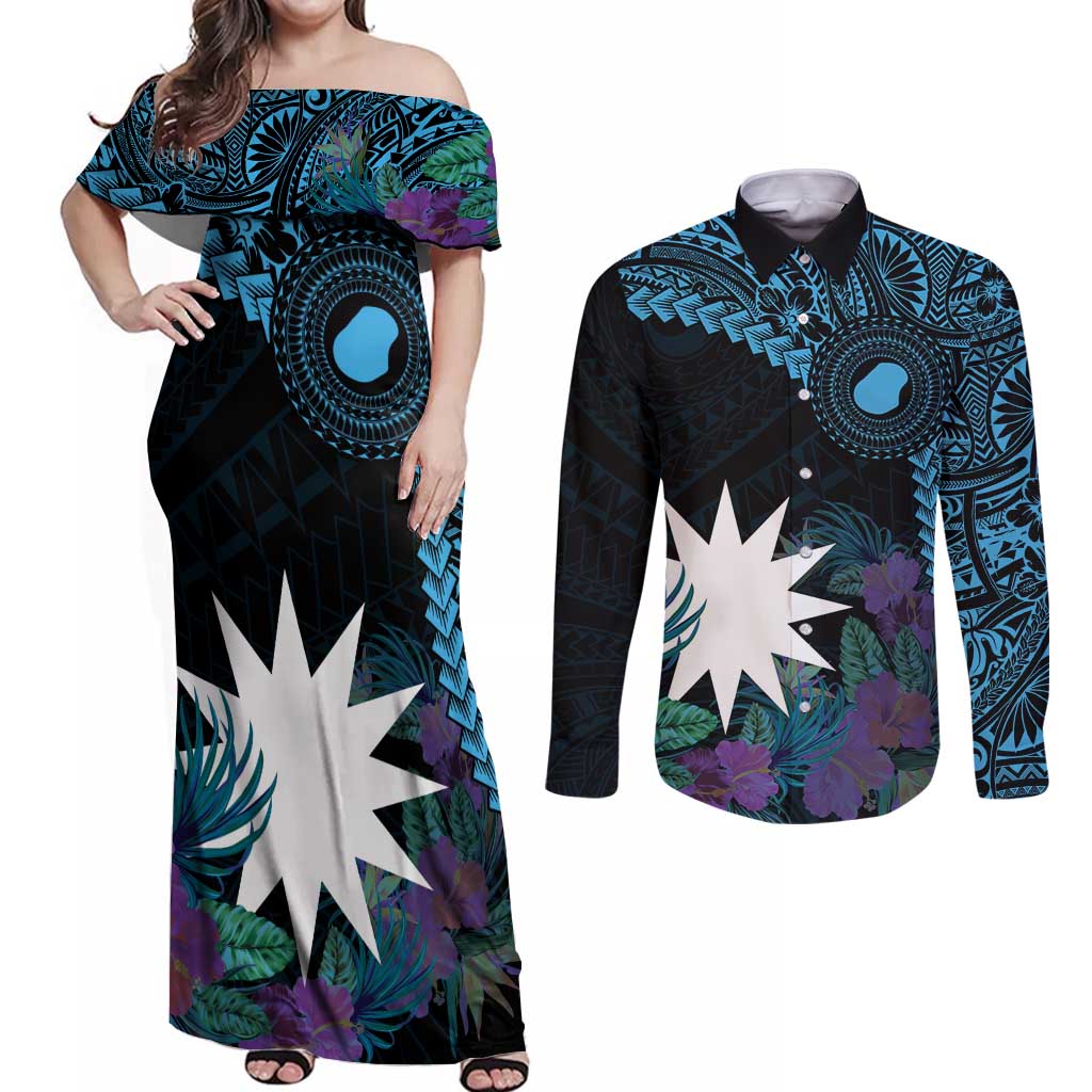 Blue Nauru Couples Matching Off Shoulder Maxi Dress and Long Sleeve Button Shirt Naoero Map With Polynesian Tropical Flowers LT14 Blue - Polynesian Pride