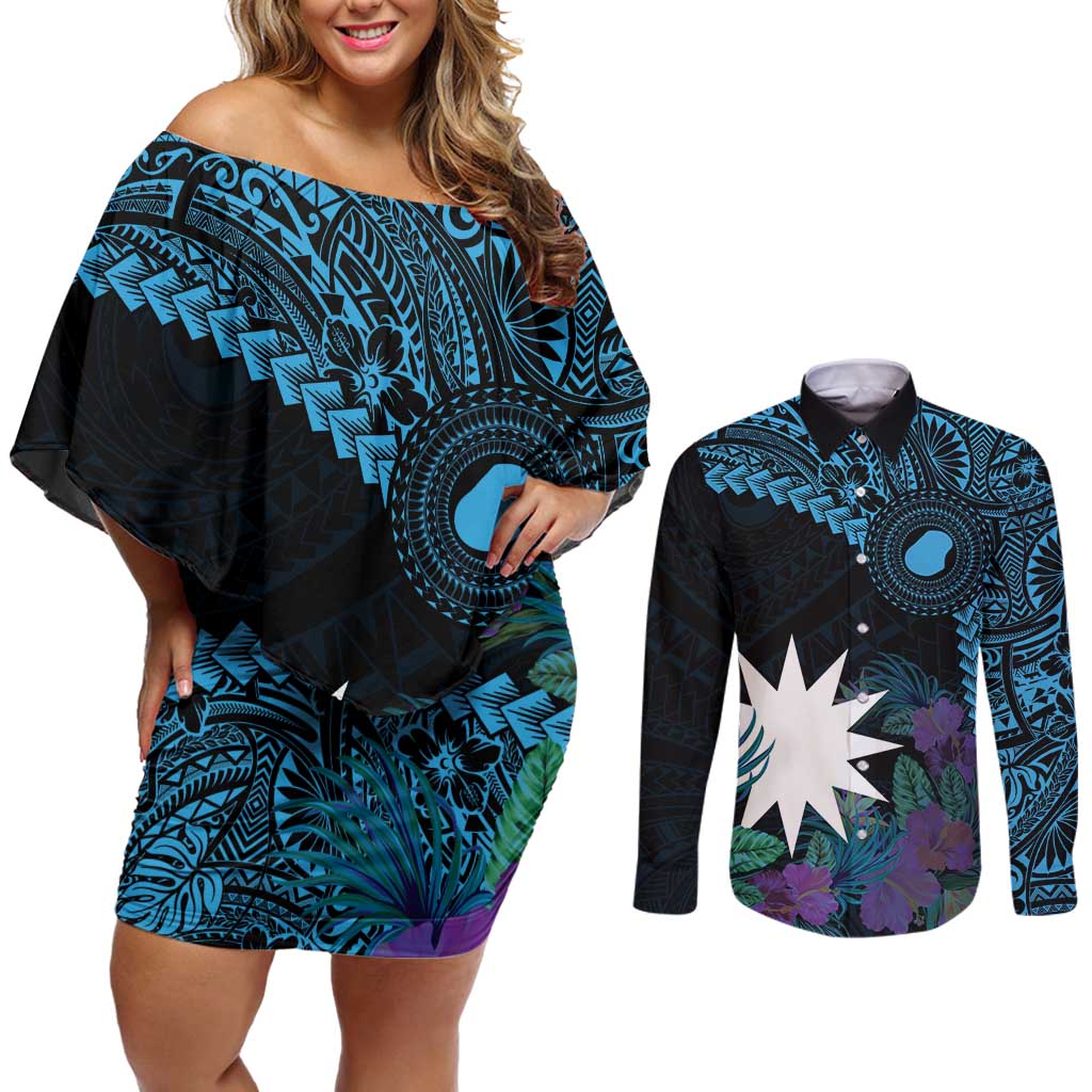 Blue Nauru Couples Matching Off Shoulder Short Dress and Long Sleeve Button Shirt Naoero Map With Polynesian Tropical Flowers LT14 Blue - Polynesian Pride