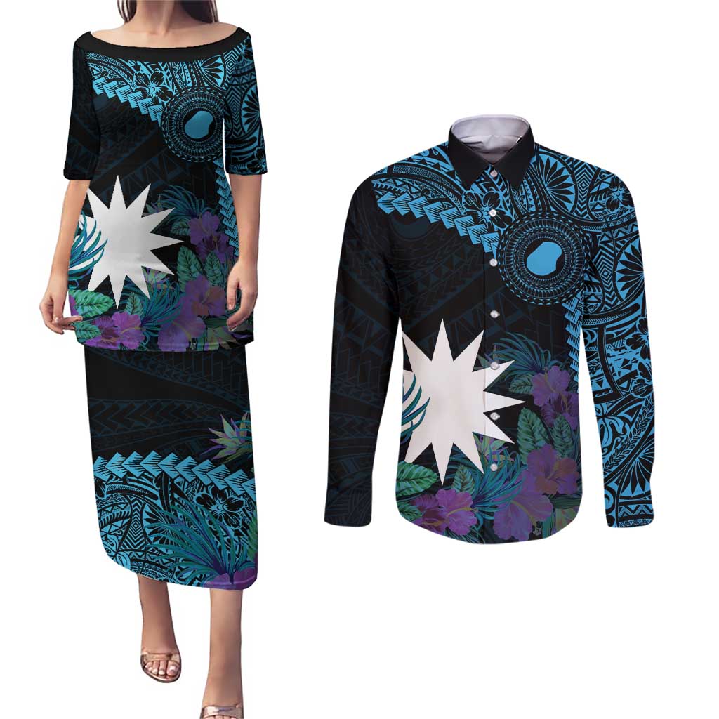 Blue Nauru Couples Matching Puletasi and Long Sleeve Button Shirt Naoero Map With Polynesian Tropical Flowers LT14 Blue - Polynesian Pride