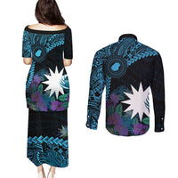 Blue Nauru Couples Matching Puletasi and Long Sleeve Button Shirt Naoero Map With Polynesian Tropical Flowers LT14 - Polynesian Pride