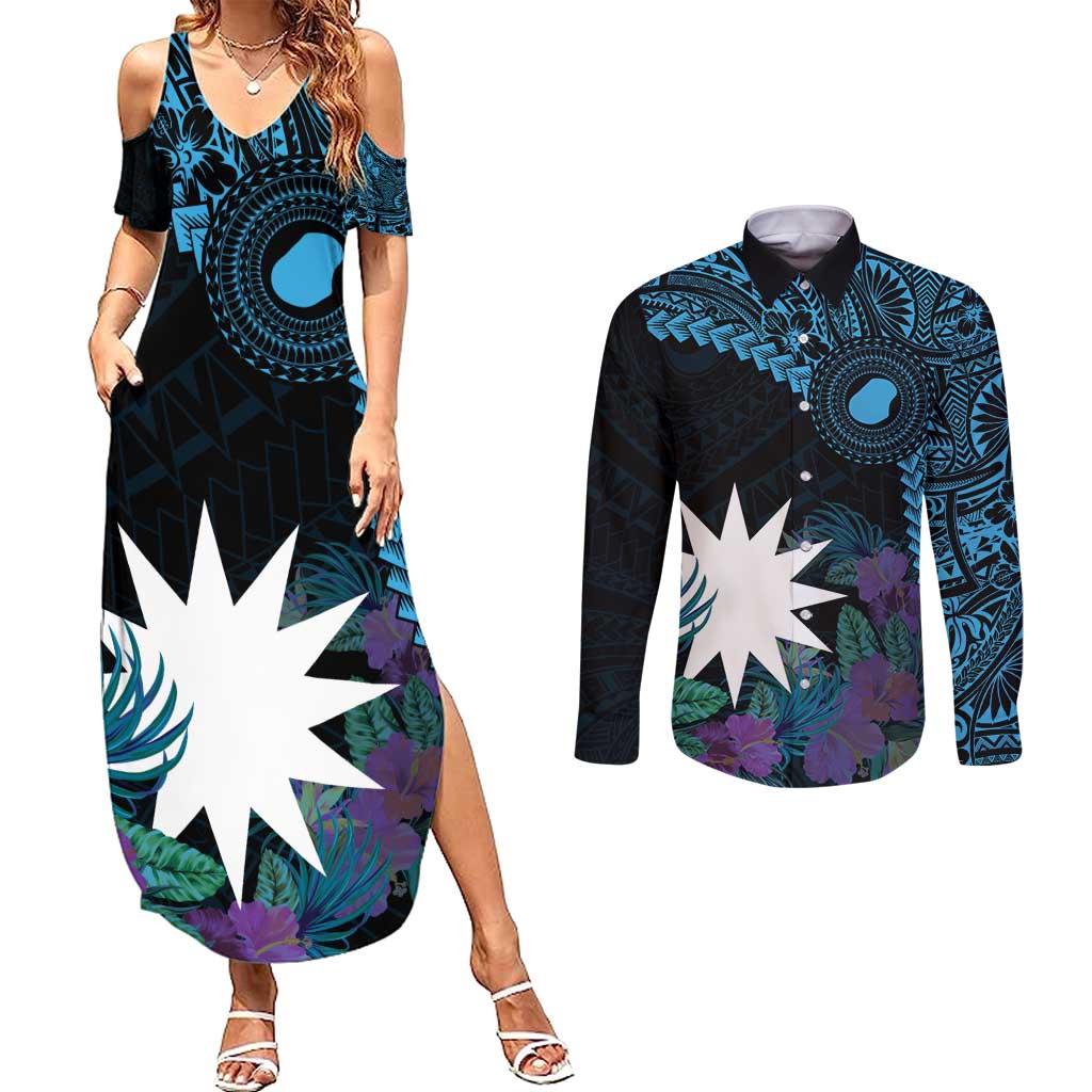 Blue Nauru Couples Matching Summer Maxi Dress and Long Sleeve Button Shirt Naoero Map With Polynesian Tropical Flowers LT14 Blue - Polynesian Pride