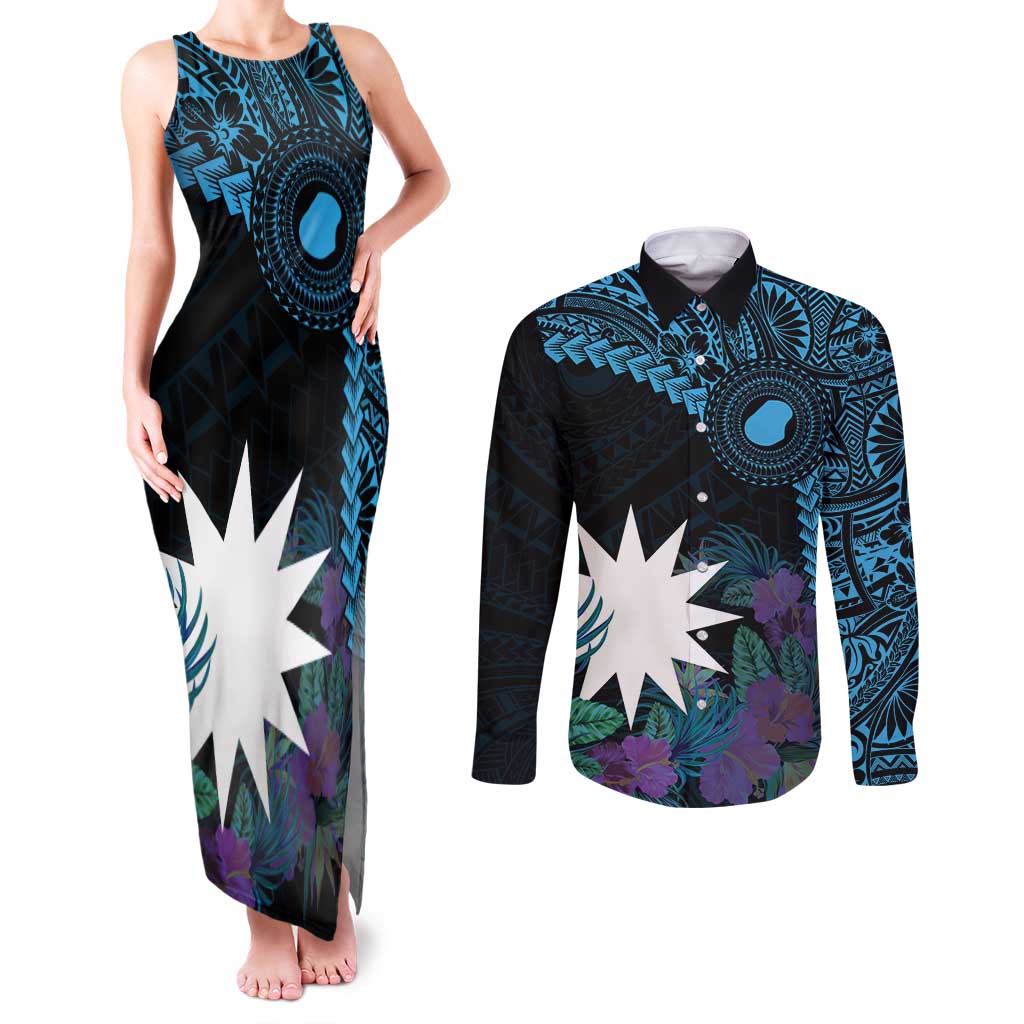 Blue Nauru Couples Matching Tank Maxi Dress and Long Sleeve Button Shirt Naoero Map With Polynesian Tropical Flowers LT14 Blue - Polynesian Pride
