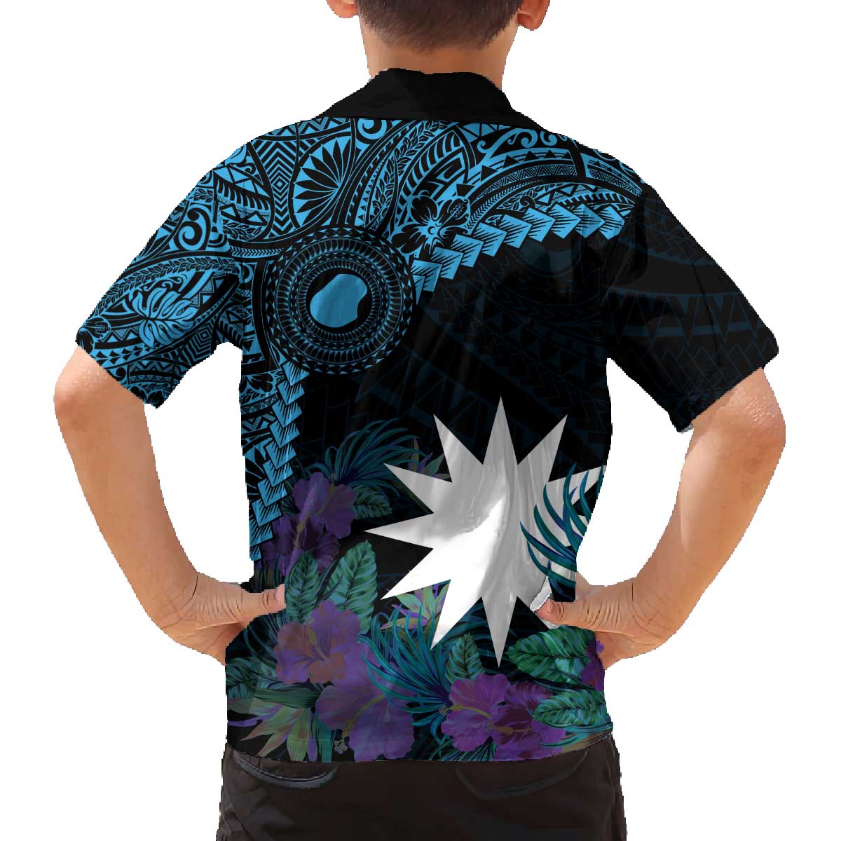 Blue Nauru Family Matching Off The Shoulder Long Sleeve Dress and Hawaiian Shirt Naoero Map With Polynesian Tropical Flowers LT14 - Polynesian Pride