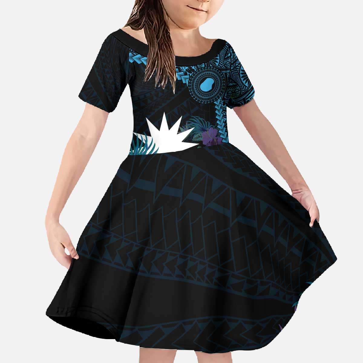 Blue Nauru Family Matching Off The Shoulder Long Sleeve Dress and Hawaiian Shirt Naoero Map With Polynesian Tropical Flowers LT14 Daughter's Dress Blue - Polynesian Pride