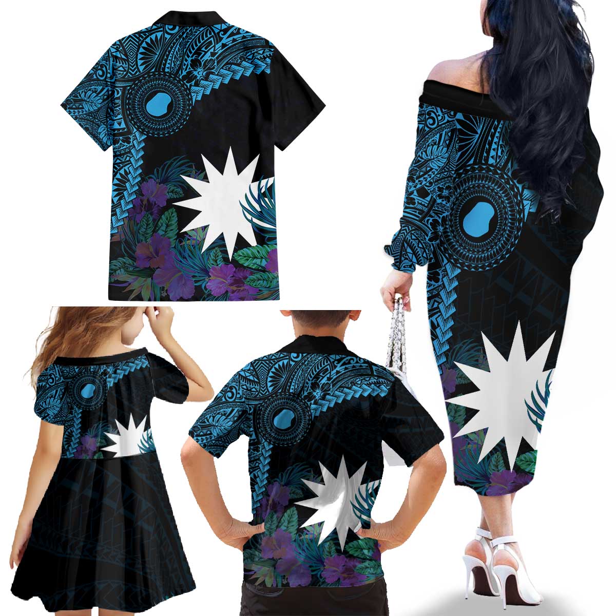 Blue Nauru Family Matching Off The Shoulder Long Sleeve Dress and Hawaiian Shirt Naoero Map With Polynesian Tropical Flowers LT14 - Polynesian Pride