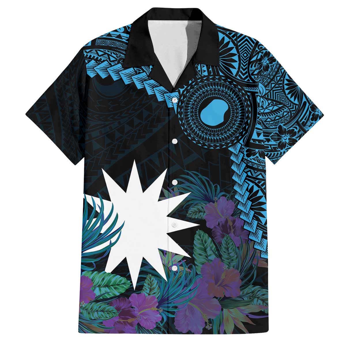 Blue Nauru Family Matching Off The Shoulder Long Sleeve Dress and Hawaiian Shirt Naoero Map With Polynesian Tropical Flowers LT14 Dad's Shirt - Short Sleeve Blue - Polynesian Pride