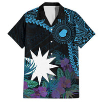 Blue Nauru Family Matching Off The Shoulder Long Sleeve Dress and Hawaiian Shirt Naoero Map With Polynesian Tropical Flowers LT14 Dad's Shirt - Short Sleeve Blue - Polynesian Pride