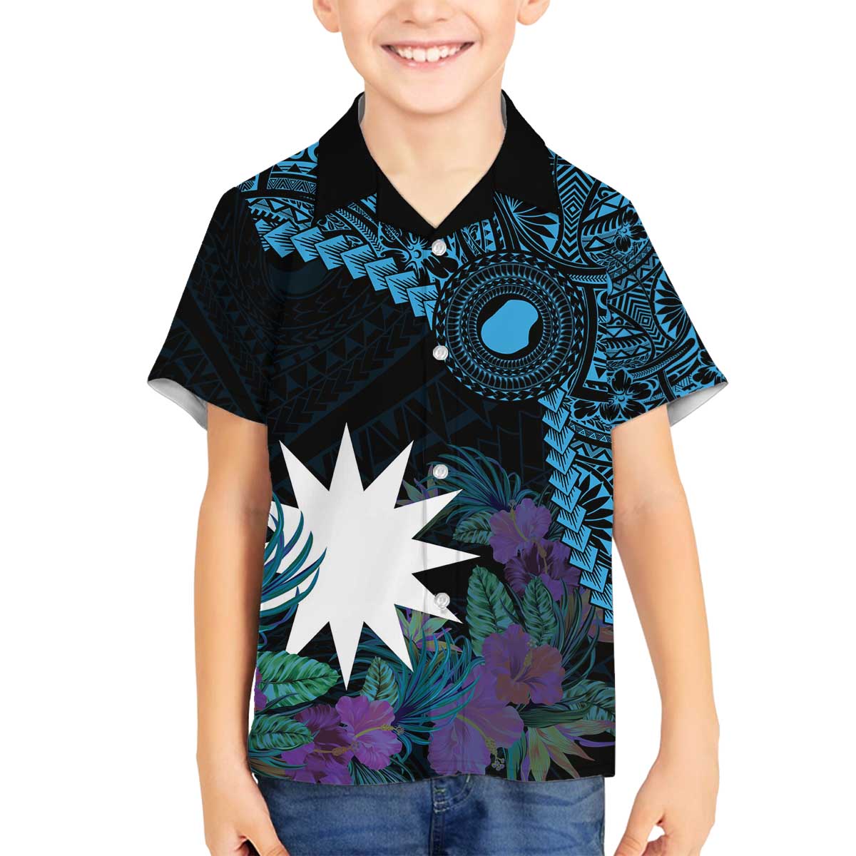 Blue Nauru Family Matching Off The Shoulder Long Sleeve Dress and Hawaiian Shirt Naoero Map With Polynesian Tropical Flowers LT14 Son's Shirt Blue - Polynesian Pride
