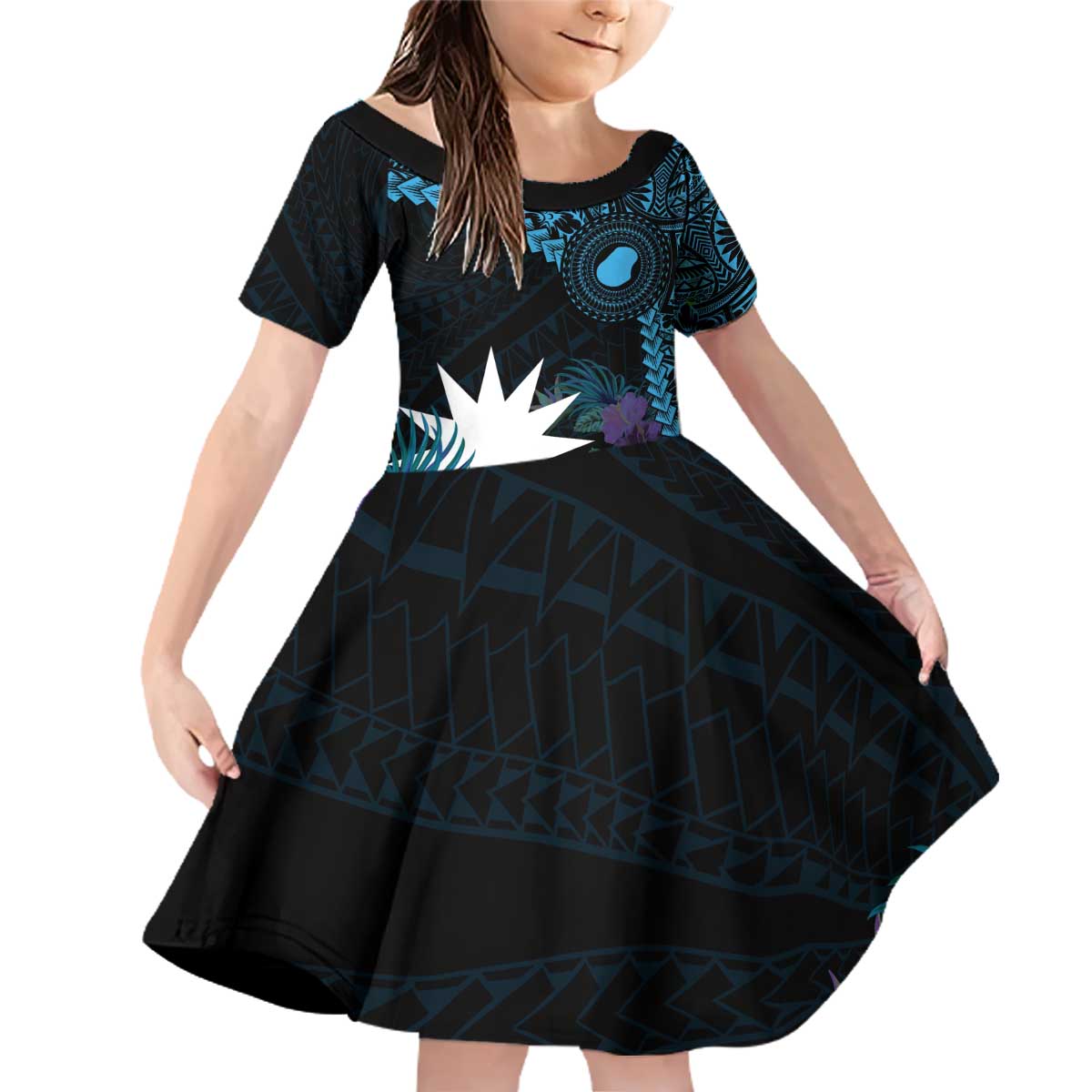 Blue Nauru Family Matching Off Shoulder Short Dress and Hawaiian Shirt Naoero Map With Polynesian Tropical Flowers LT14 Daughter's Dress Blue - Polynesian Pride