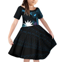 Blue Nauru Family Matching Off Shoulder Short Dress and Hawaiian Shirt Naoero Map With Polynesian Tropical Flowers LT14 Daughter's Dress Blue - Polynesian Pride