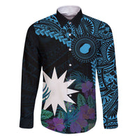 Blue Nauru Family Matching Off Shoulder Short Dress and Hawaiian Shirt Naoero Map With Polynesian Tropical Flowers LT14 Dad's Shirt - Long Sleeve Blue - Polynesian Pride