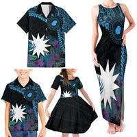 Blue Nauru Family Matching Tank Maxi Dress and Hawaiian Shirt Naoero Map With Polynesian Tropical Flowers LT14 - Polynesian Pride
