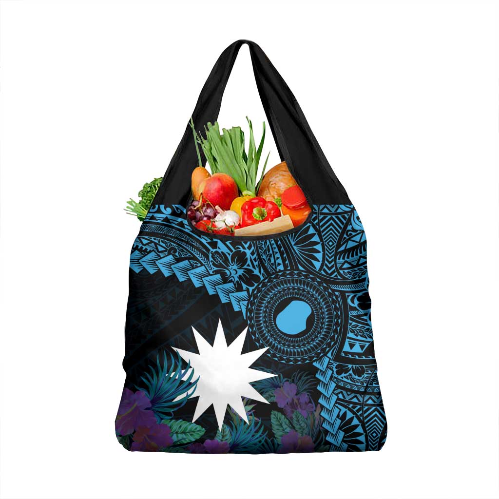 Blue Nauru Grocery Bag Naoero Map With Polynesian Tropical Flowers LT14 1-pack One Size Blue - Polynesian Pride