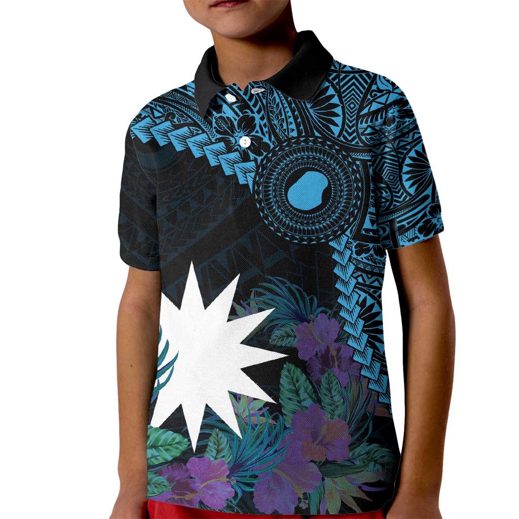 Blue Nauru Kid Polo Shirt Naoero Map With Polynesian Tropical Flowers