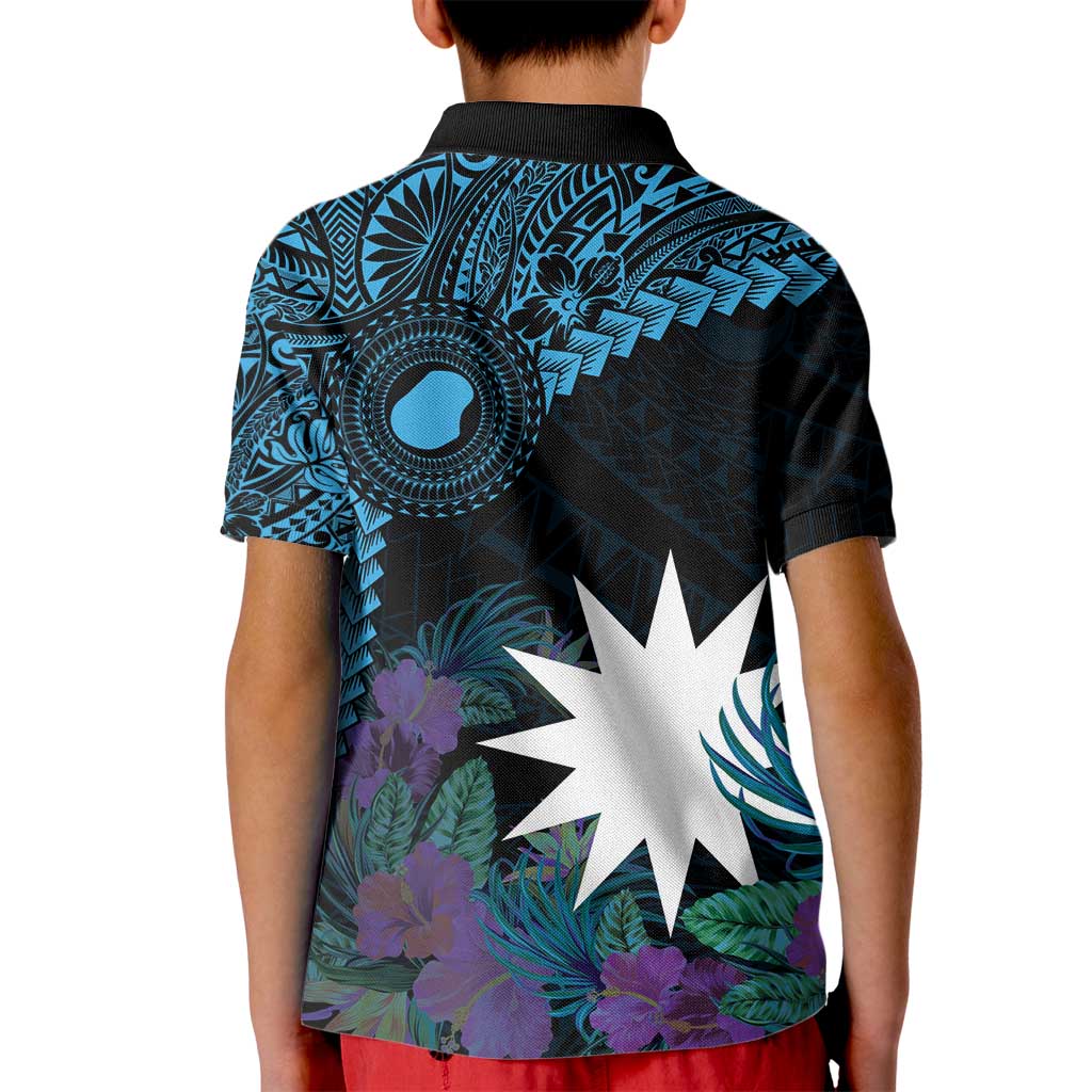 Blue Nauru Kid Polo Shirt Naoero Map With Polynesian Tropical Flowers