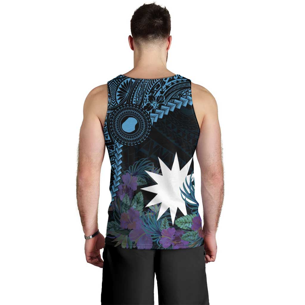 Blue Nauru Men Tank Top Naoero Map With Polynesian Tropical Flowers