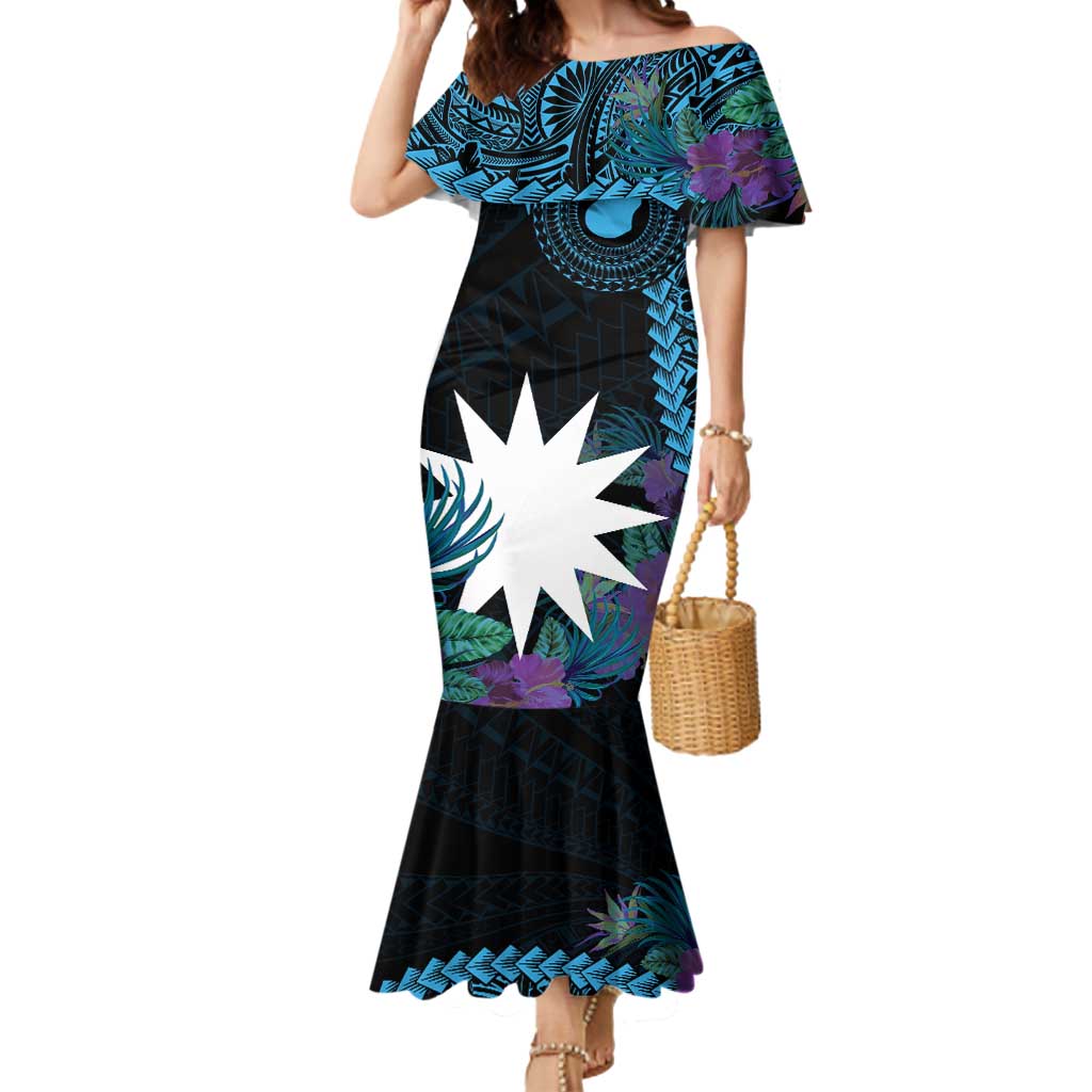Blue Nauru Mermaid Dress Naoero Map With Polynesian Tropical Flowers LT14 Women Blue - Polynesian Pride