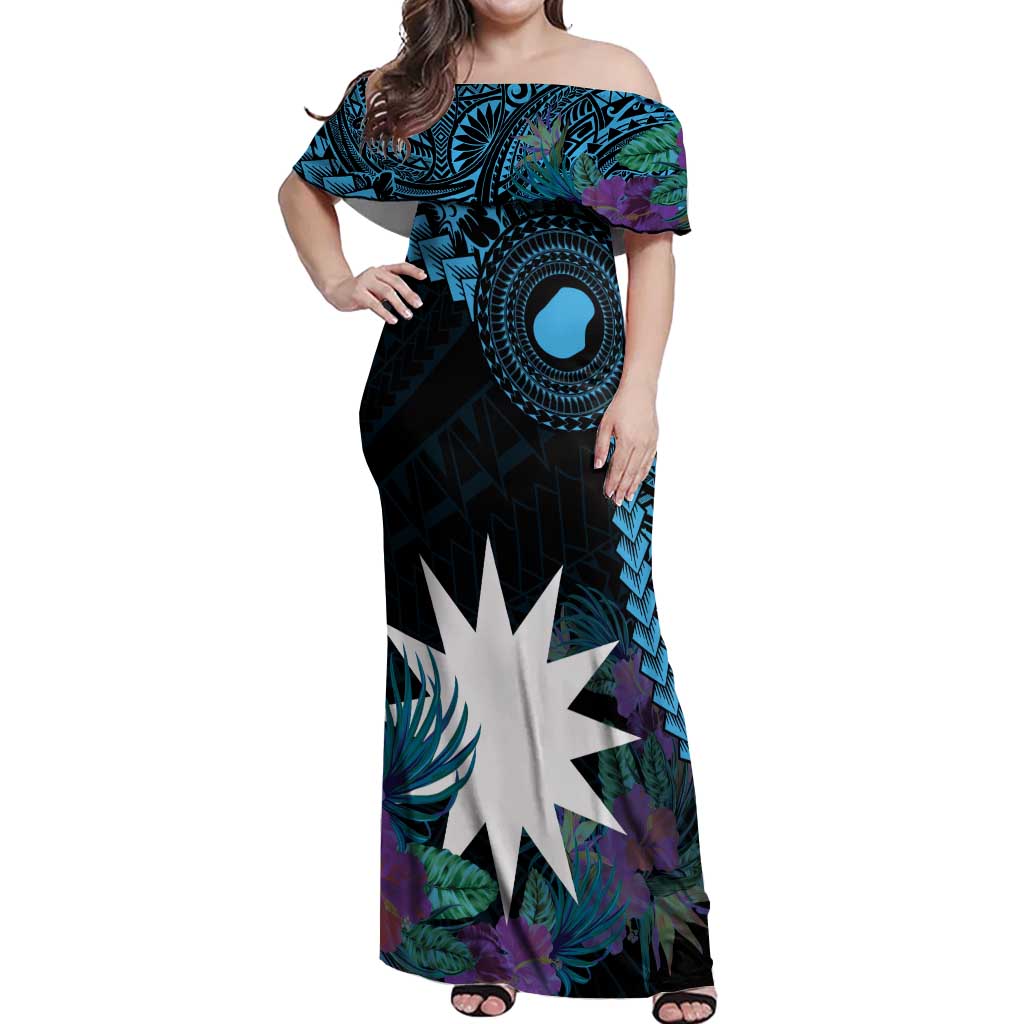 Blue Nauru Off Shoulder Maxi Dress Naoero Map With Polynesian Tropical Flowers LT14 Women Blue - Polynesian Pride