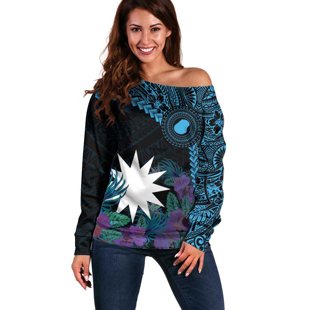 Blue Nauru Off Shoulder Sweater Naoero Map With Polynesian Tropical Flowers LT14 Women Blue - Polynesian Pride