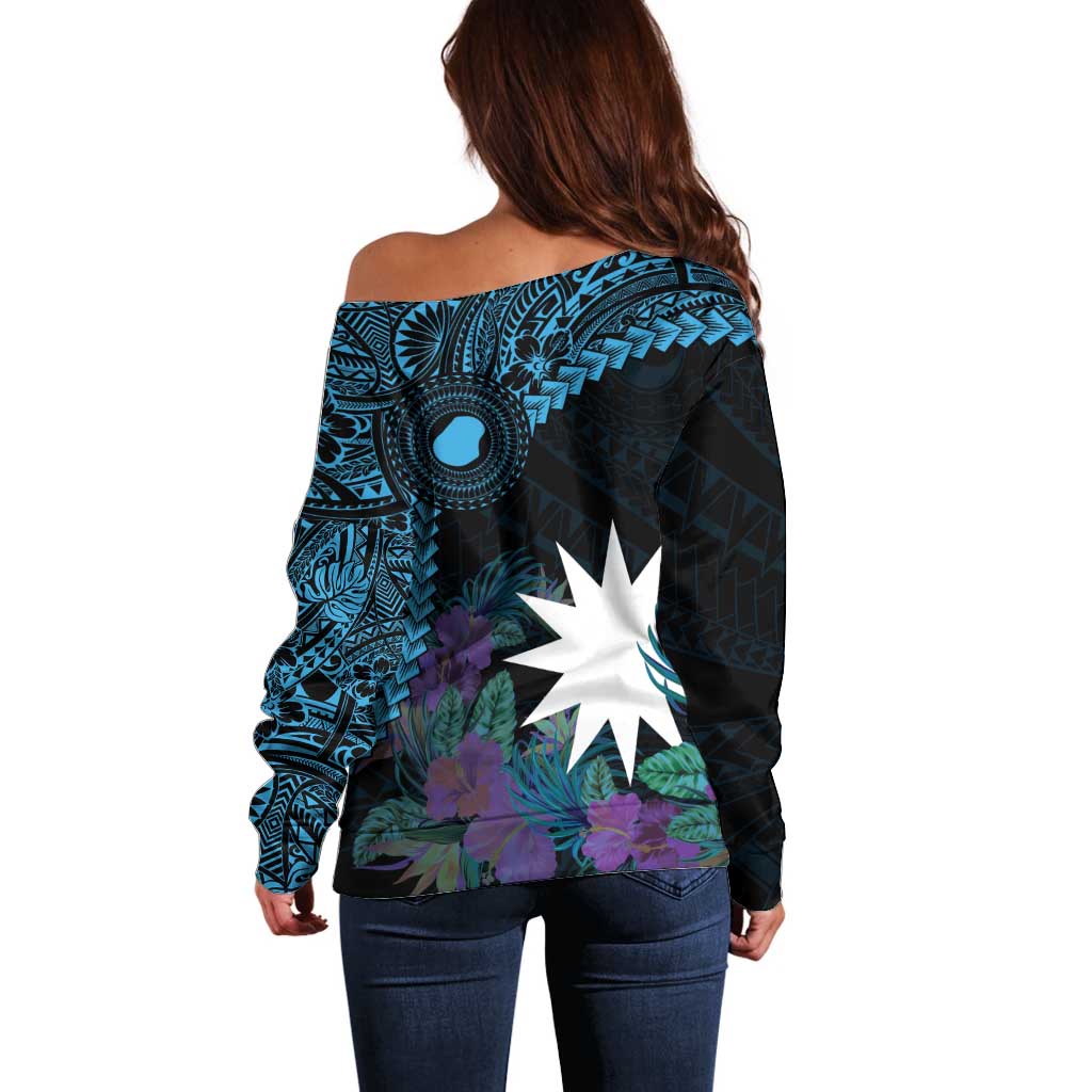 Blue Nauru Off Shoulder Sweater Naoero Map With Polynesian Tropical Flowers LT14 - Polynesian Pride