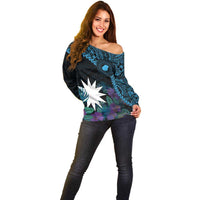 Blue Nauru Off Shoulder Sweater Naoero Map With Polynesian Tropical Flowers LT14 - Polynesian Pride