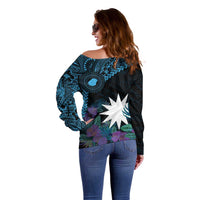Blue Nauru Off Shoulder Sweater Naoero Map With Polynesian Tropical Flowers LT14 - Polynesian Pride