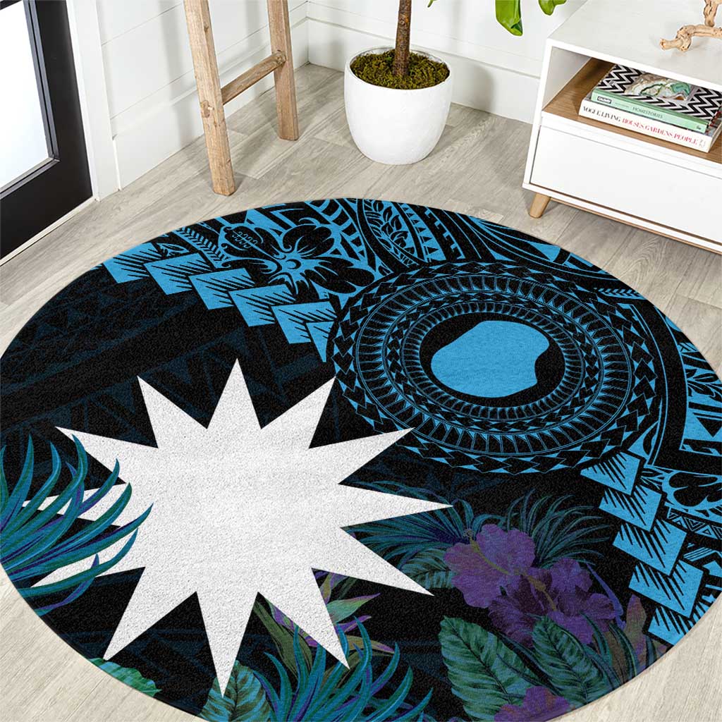 Blue Nauru Round Carpet Naoero Map With Polynesian Tropical Flowers LT14 Blue - Polynesian Pride