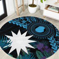 Blue Nauru Round Carpet Naoero Map With Polynesian Tropical Flowers LT14 Blue - Polynesian Pride