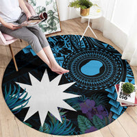 Blue Nauru Round Carpet Naoero Map With Polynesian Tropical Flowers LT14 - Polynesian Pride