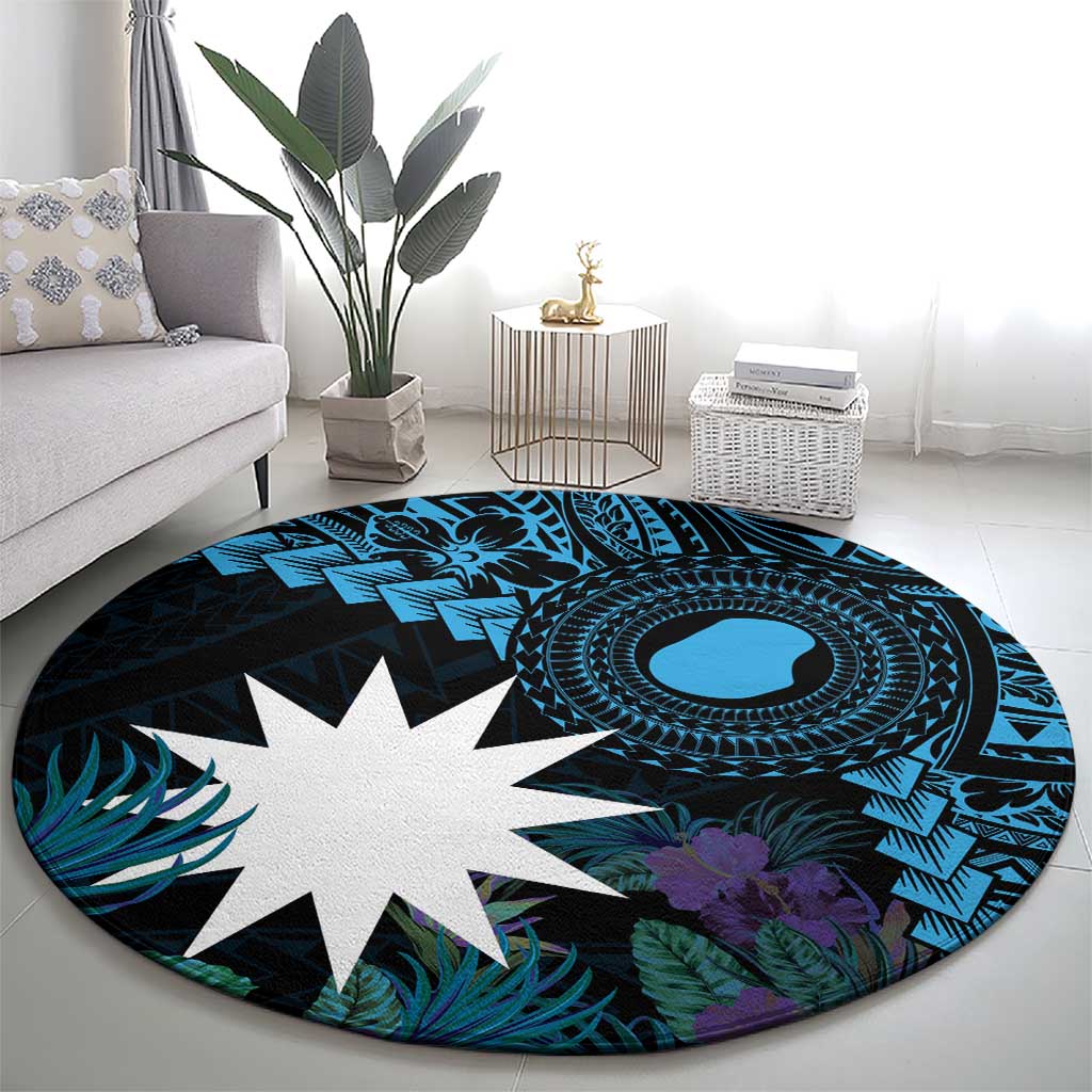 Blue Nauru Round Carpet Naoero Map With Polynesian Tropical Flowers LT14 - Polynesian Pride