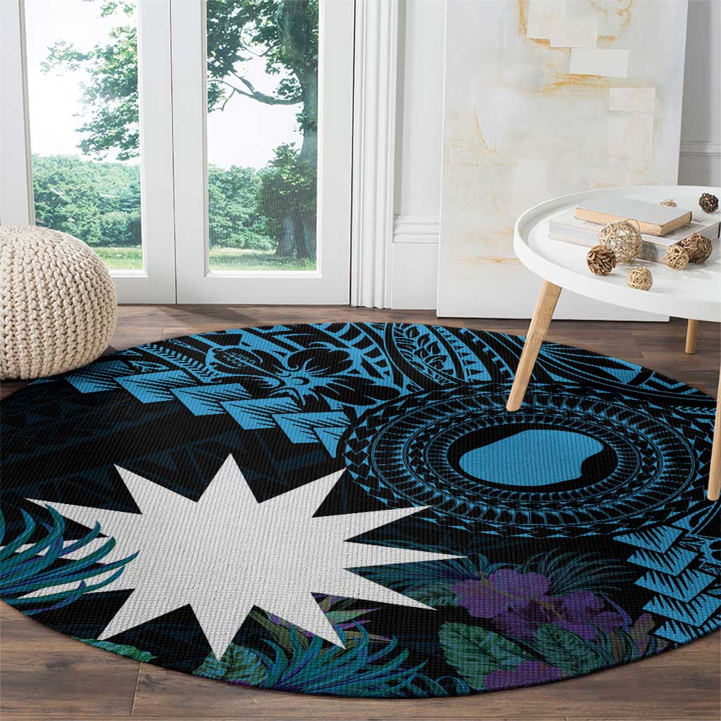 Blue Nauru Round Carpet Naoero Map With Polynesian Tropical Flowers LT14 - Polynesian Pride
