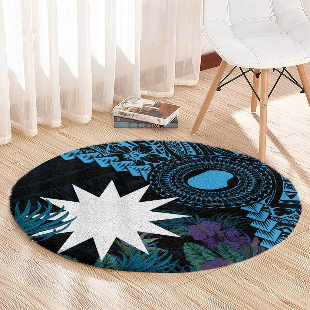 Blue Nauru Round Carpet Naoero Map With Polynesian Tropical Flowers LT14 - Polynesian Pride