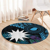 Blue Nauru Round Carpet Naoero Map With Polynesian Tropical Flowers LT14 - Polynesian Pride