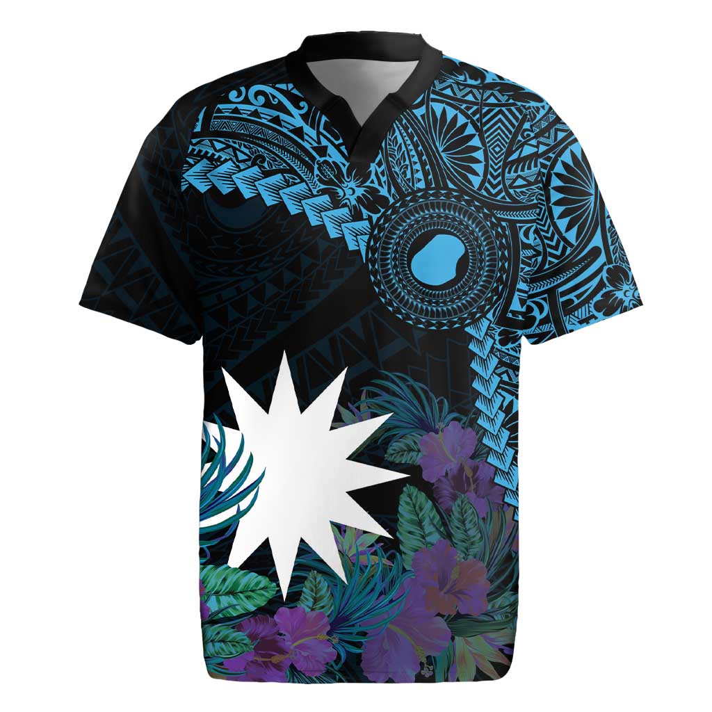 Blue Nauru Rugby Jersey Naoero Map With Polynesian Tropical Flowers LT14 Blue - Polynesian Pride