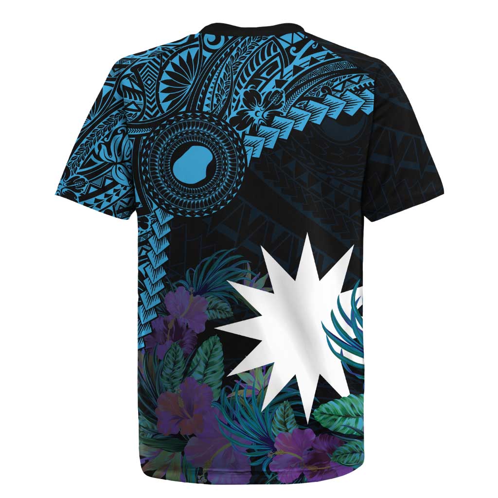 Blue Nauru Rugby Jersey Naoero Map With Polynesian Tropical Flowers LT14 - Polynesian Pride