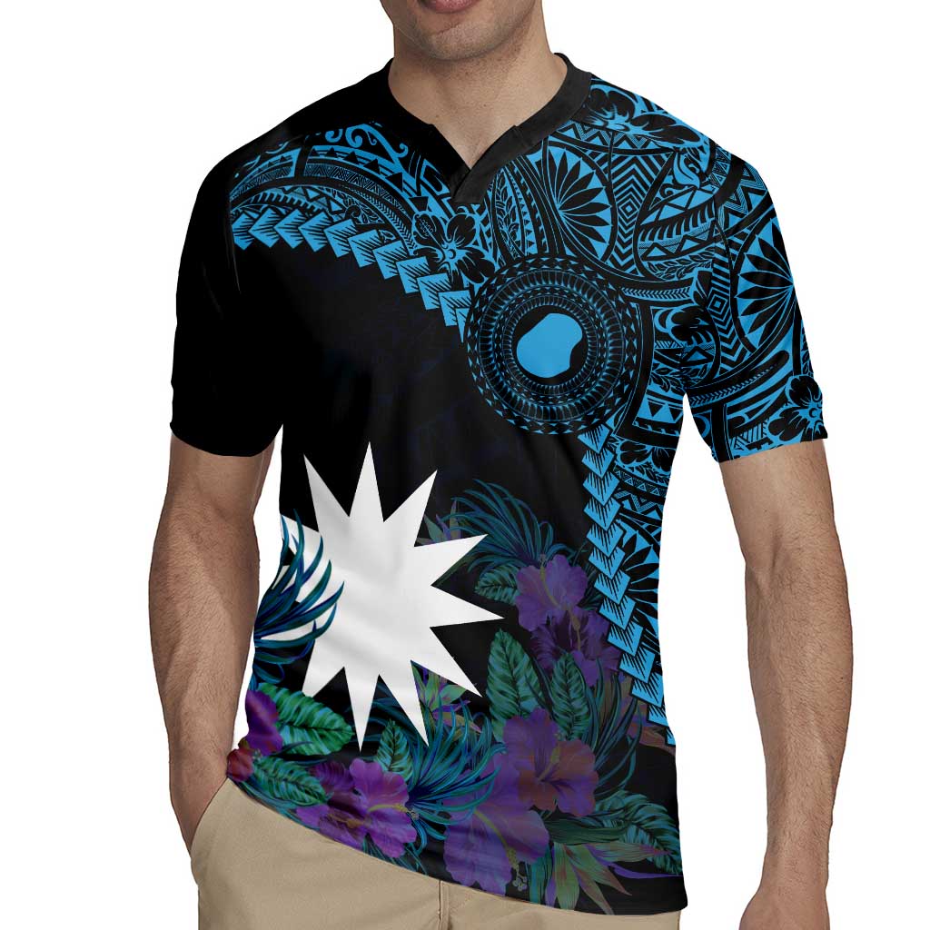 Blue Nauru Rugby Jersey Naoero Map With Polynesian Tropical Flowers LT14 - Polynesian Pride