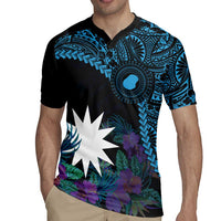 Blue Nauru Rugby Jersey Naoero Map With Polynesian Tropical Flowers LT14 - Polynesian Pride