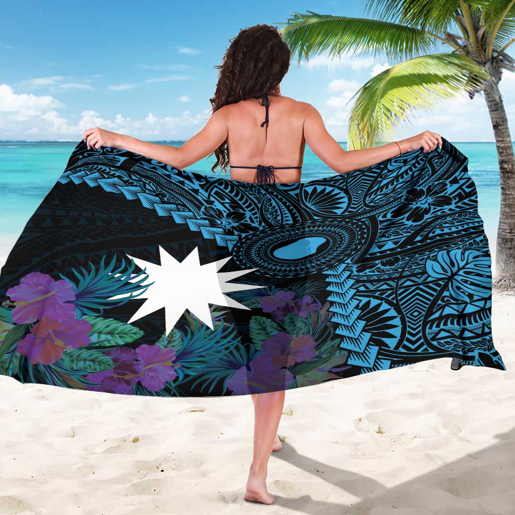 Blue Nauru Sarong Naoero Map With Polynesian Tropical Flowers LT14 - Polynesian Pride