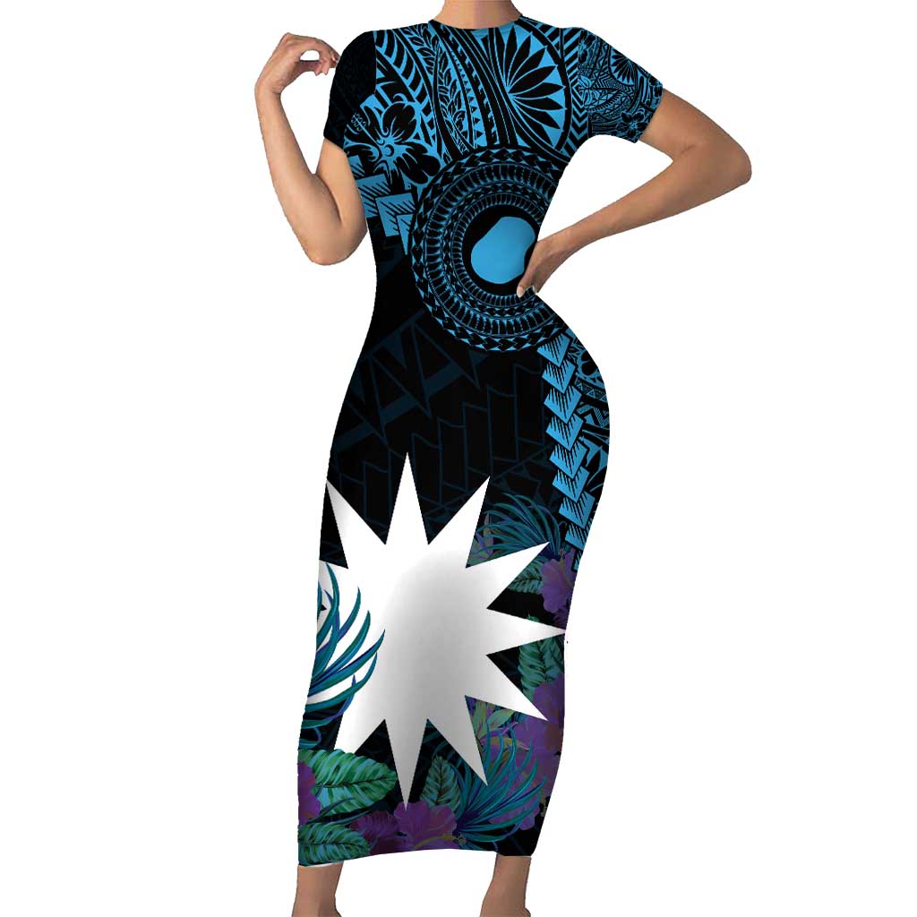 Blue Nauru Short Sleeve Bodycon Dress Naoero Map With Polynesian Tropical Flowers LT14 Long Dress Blue - Polynesian Pride