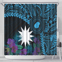 Blue Nauru Shower Curtain Naoero Map With Polynesian Tropical Flowers LT14 - Polynesian Pride