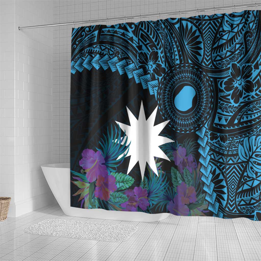 Blue Nauru Shower Curtain Naoero Map With Polynesian Tropical Flowers LT14 - Polynesian Pride