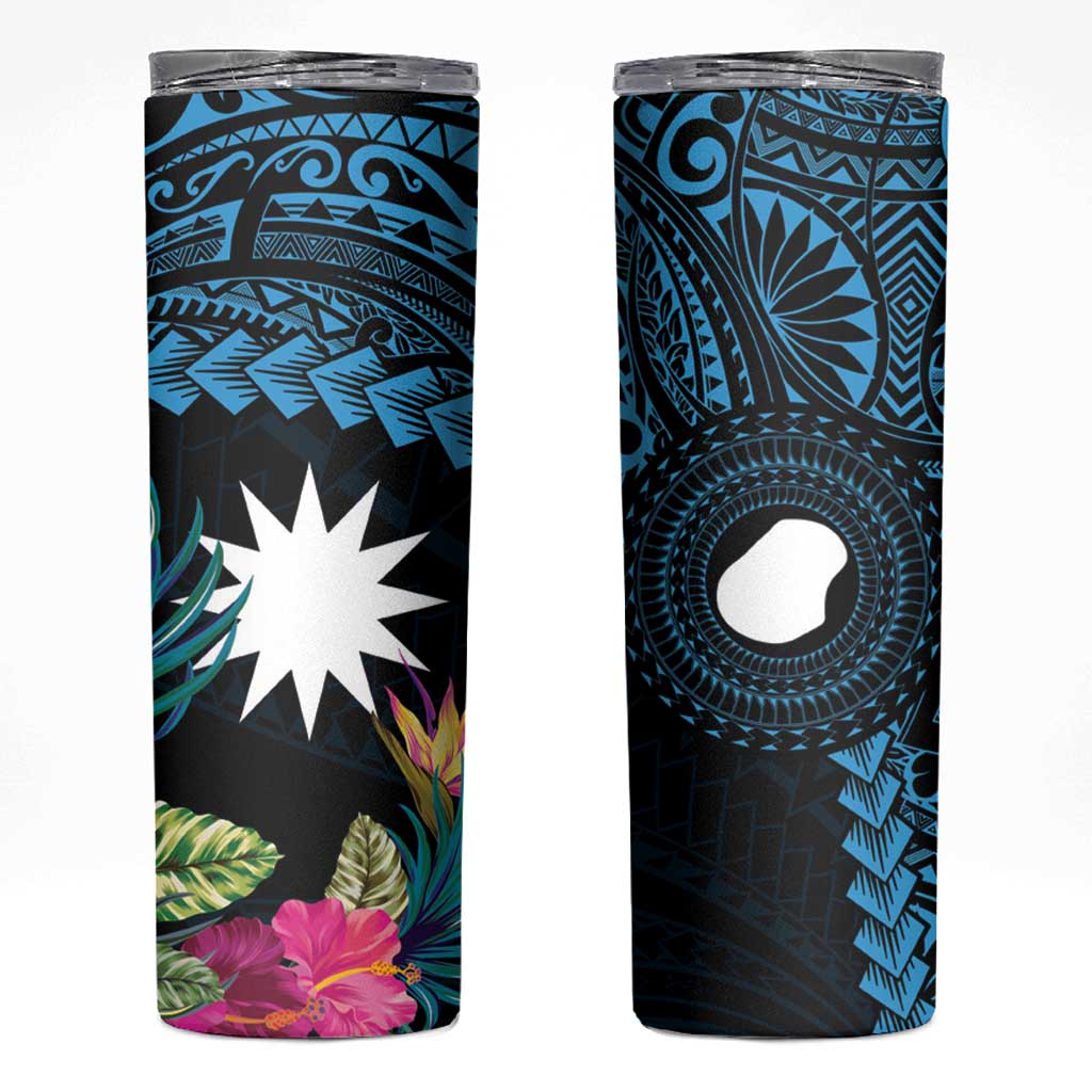 Blue Nauru Skinny Tumbler Naoero Map With Polynesian Tropical Flowers LT14 Blue - Polynesian Pride