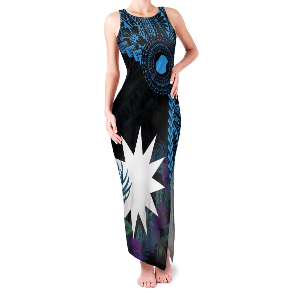 Blue Nauru Tank Maxi Dress Naoero Map With Polynesian Tropical Flowers LT14 Women Blue - Polynesian Pride