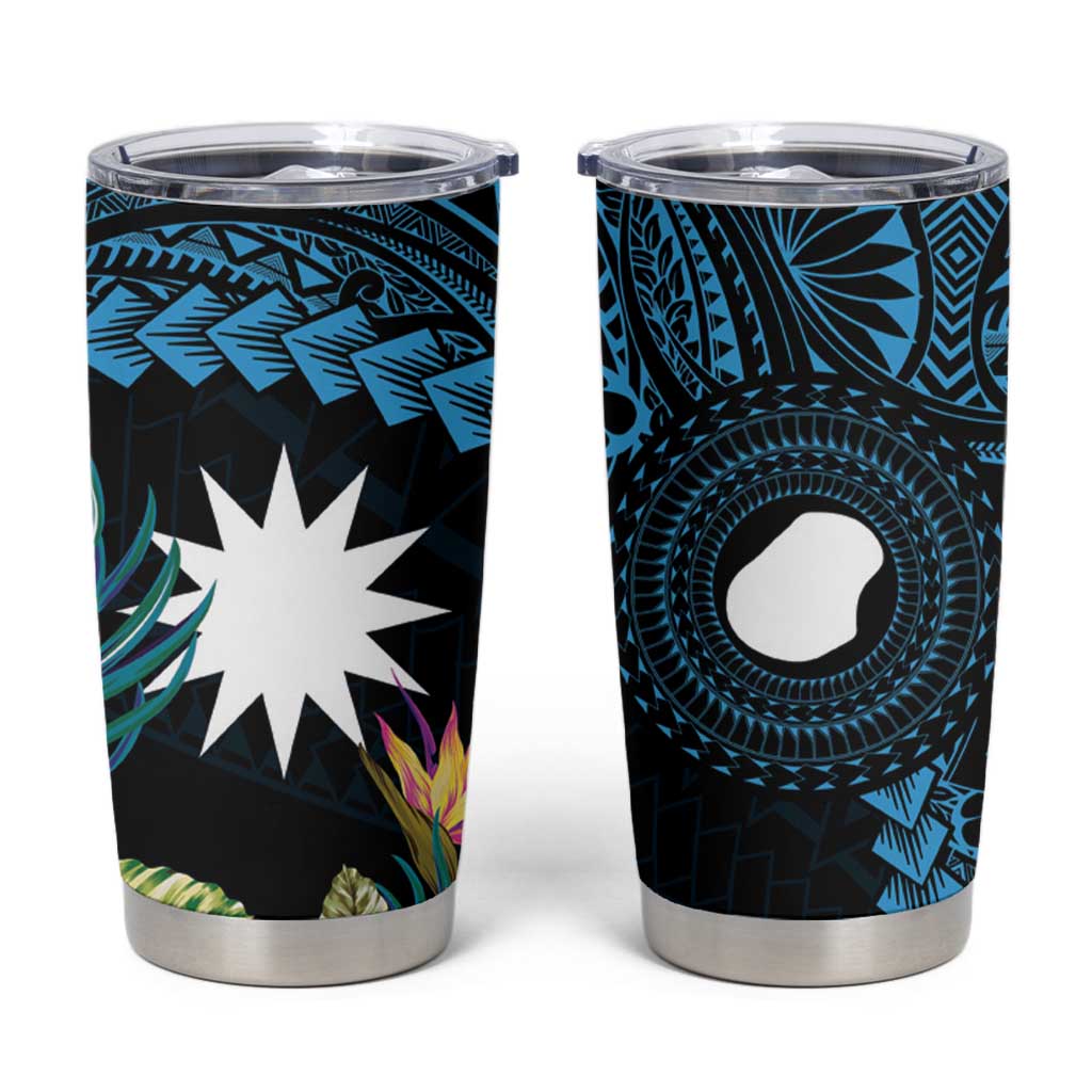 Blue Nauru Tumbler Cup Naoero Map With Polynesian Tropical Flowers LT14 Blue - Polynesian Pride