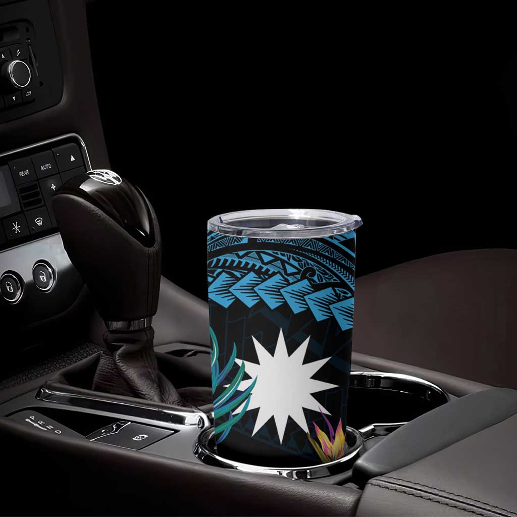 Blue Nauru Tumbler Cup Naoero Map With Polynesian Tropical Flowers