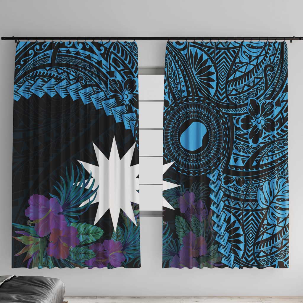 Blue Nauru Window Curtain Naoero Map With Polynesian Tropical Flowers LT14 With Hooks Blue - Polynesian Pride